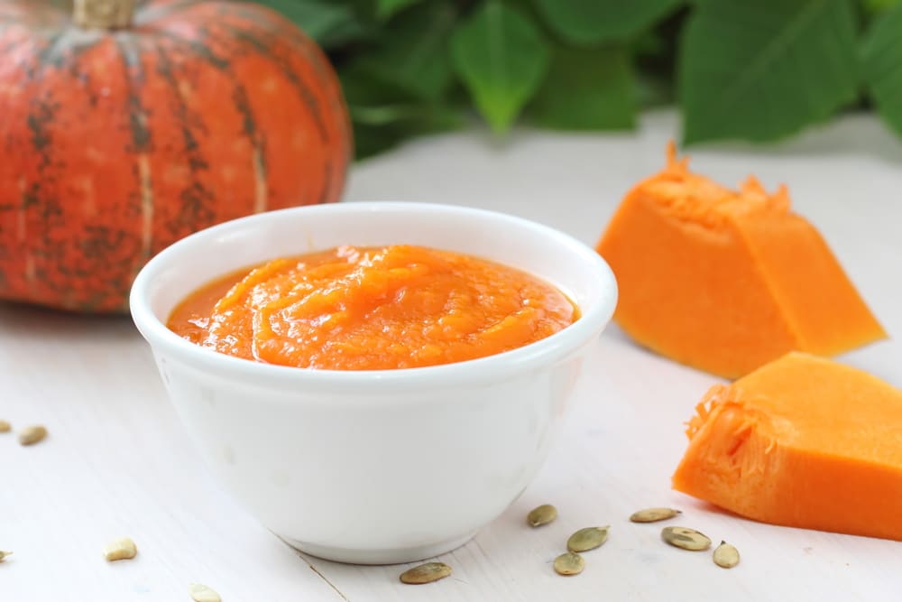 pumpkin puree in white bowl surrounded by pieces of pumpkin